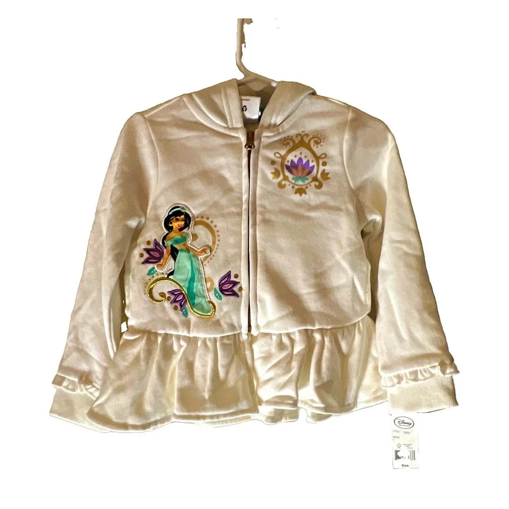 Disney Girls White Jasmine Princess Hooded Full Zip Fleece Jacket Size 2